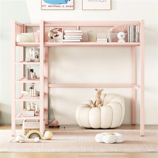 Full Size Metal Loft Bed with 4-Tier Shelves and Storage, Pink