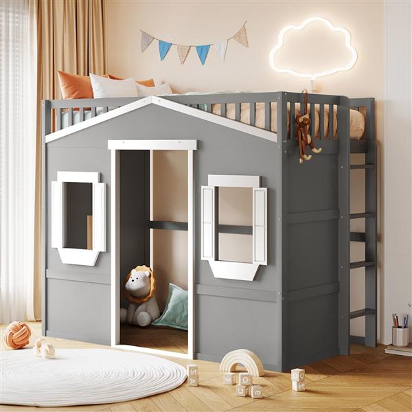 Twin Size House Loft Bed With Ladder-Gray+White Frame