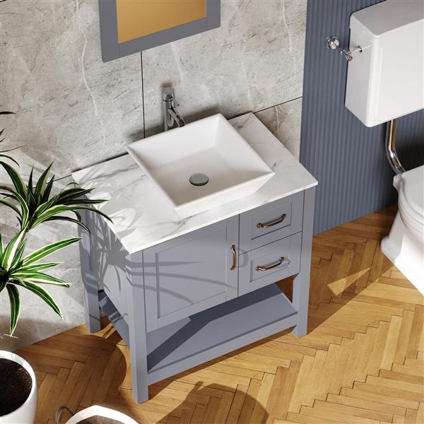 30" Gray Bathroom Vanity and Sink Combo Marble Pattern Top w/Mirror Faucet&Drain