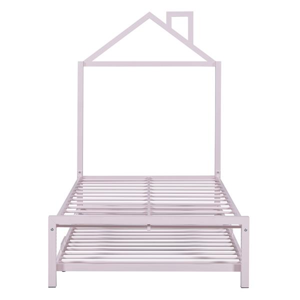 Twin Size Metal Platform Bed with twin size trundle,House-Shaped Headboard Design, Pink