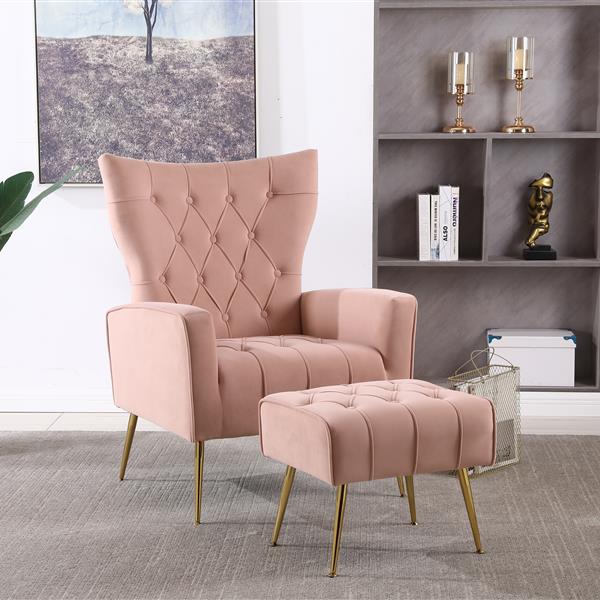 Modern Accent Chair with Ottoman,  Comfy  Armchair for Living Room, Bedroom, Apartment, Office (Pink)