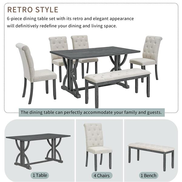 6-Piece Retro Rectangular Dining Table Set, Table with Unique Legs and 4 Upholstered Chairs & 1 Bench for Dining Room and Kitchen (Gray Wash)