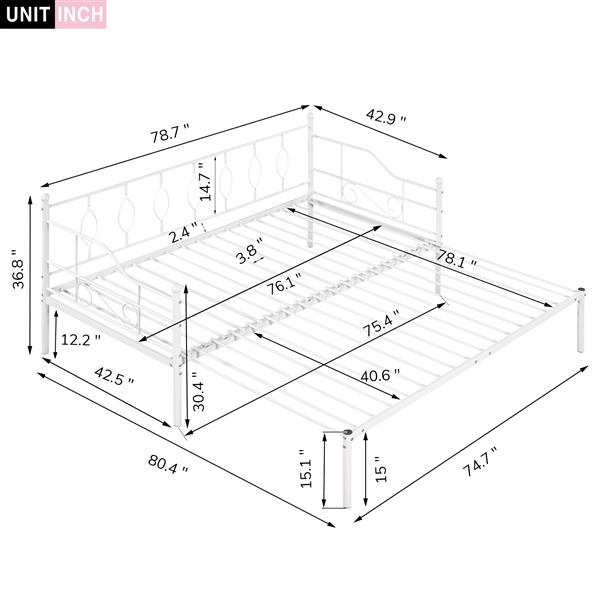 Twin Size Metal Daybed with Trundle, Daybed with Slat No Box required White