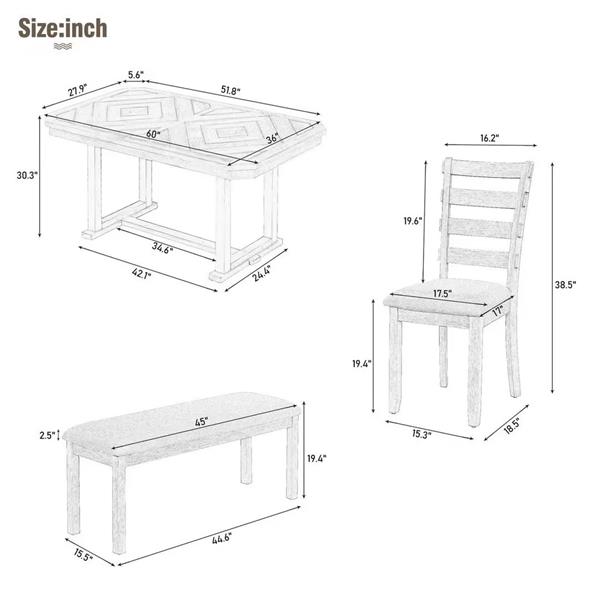 6-Piece Rubber Wood Dining Table Set with Beautiful Wood Grain Pattern Tabletop Solid Wood Veneer and Soft Cushion (Natural Wood Wash)