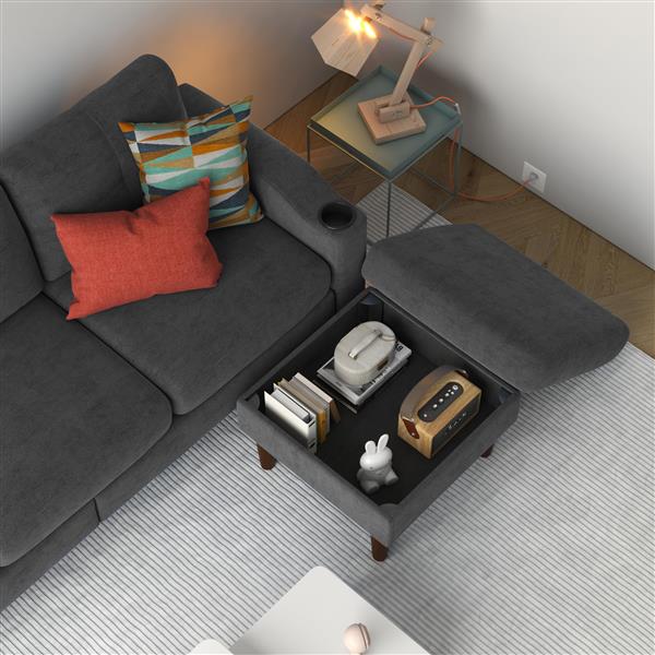 Convertible Combo Sofa Sofa L-Shaped Sofa with Storage Cabinet Footstool, Living Room Dark Gray Sofa, Living Room/Bedroom/Office/Small Space 3-Seat Combo Sofa