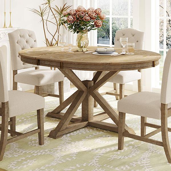 Functional Furniture Retro Style Dining Table Set with Extendable Table and 4 Upholstered Chairs for Dining Room and Living Room(Natural Wood Wash)