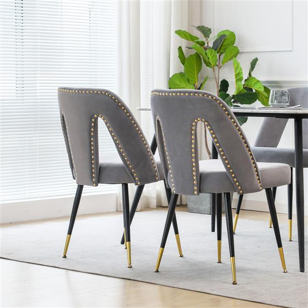 Furniture, Collection Modern | Contemporary Velvet Upholstered Dining Chair with Nailheads and ld Tipped Black Metal Legs, Gray，Set of 2