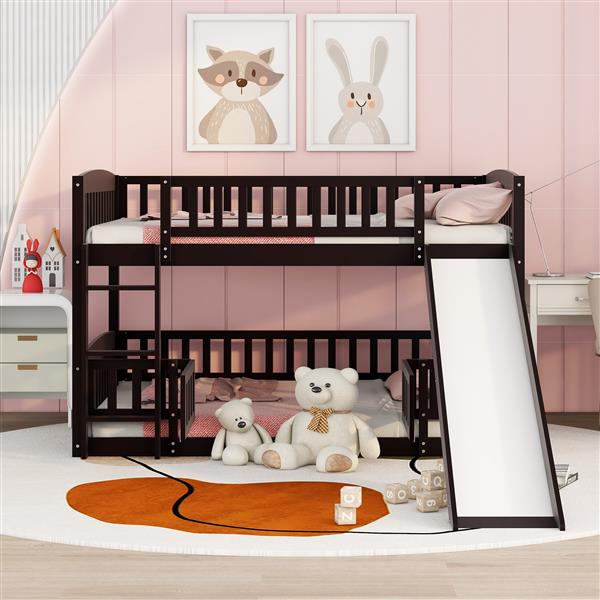 Bunk Bed with Slide,Full Over Full Low Bunk Bed with Fence and Ladder for Toddler Kids Teens Espresso