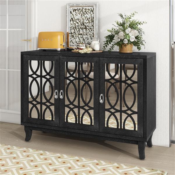 Sideboard with Glass Doors, 3 Door Mirrored Buffet Cabinet with Silver Handle for Living Room, Hallway, Dining Room (Black)