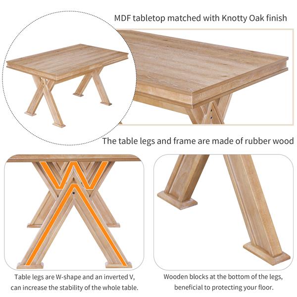 6-Piece Retro 59"L Rectangular Dining Table Set, Table with Unique Legs and 4 Upholstered Chairs & 1 Bench for Dining Room and Kitchen (Natural Wood Wash)