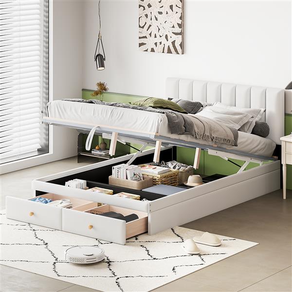 Full Size Upholstered Bed with Hydraulic Storage System and Drawer, White