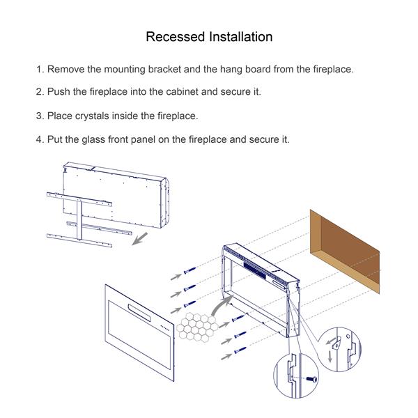 36 inch recessed ultra thin tempered glass front wall mounted electric fireplace with remote and multi color flame & emberbed, LED light heater