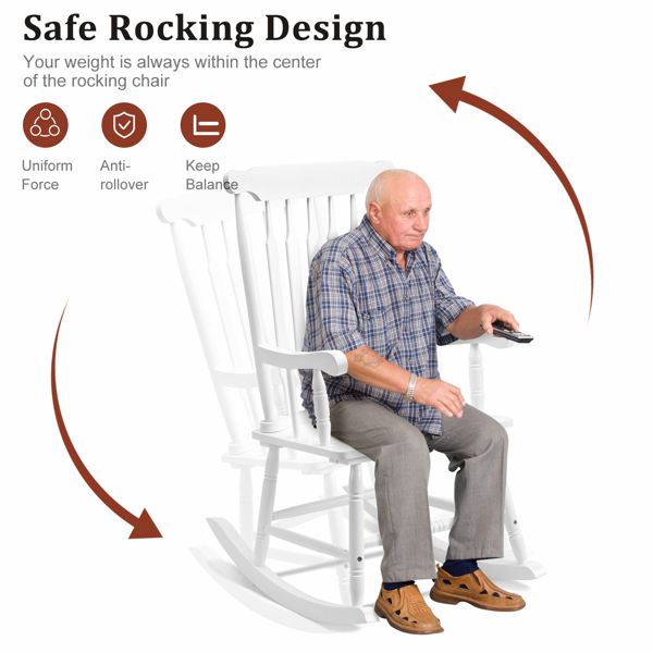 Patio Rocking Chair Solid Wood, Outdoor Porch Rocker Chair with Wooden Frame, Indoor Wooden Rocking Chair for Garden Backyard Balcony, White