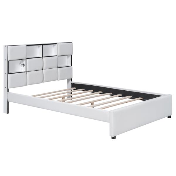 Full Size Upholstered Platform Bed with LED, Storage and USB, Beige