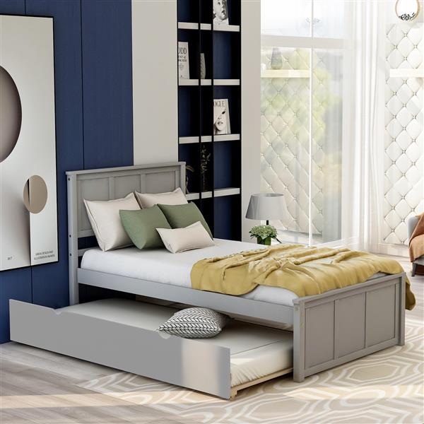 Platform Bed with Twin Size Trundle, Twin Size Frame, Gray