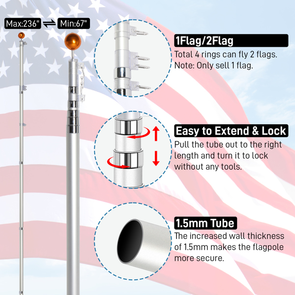 Telescopic Flag Pole Kit, 20FT Height Adjustable Heavy Duty Aluminum Flagpoles with 5x3 US Flag & Golden Ball Topper for Yard House Ground Residential Commercial