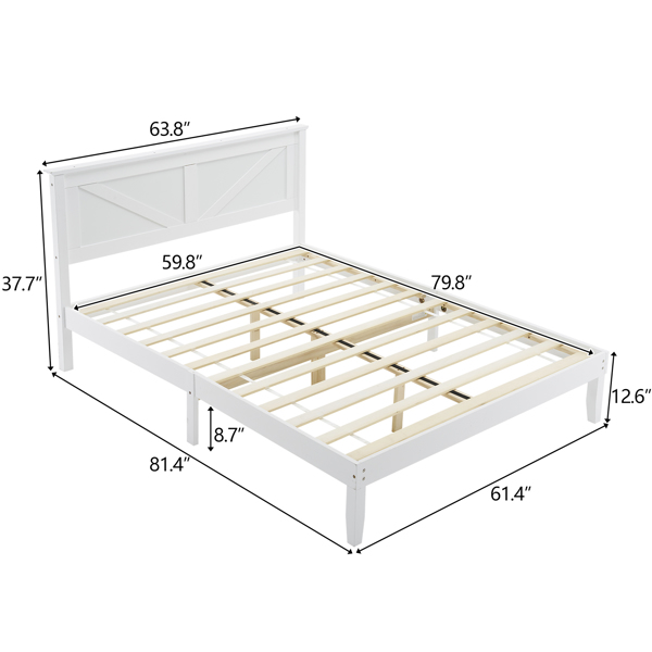 Queen Size Solid Wood Platform Bed Frame with Headboard White