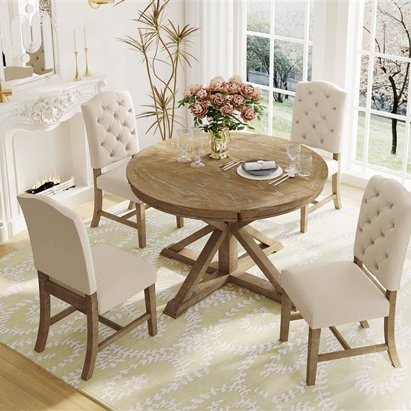 Functional Furniture Retro Style Dining Table Set with Extendable Table and 4 Upholstered Chairs for Dining Room and Living Room(Natural Wood Wash)