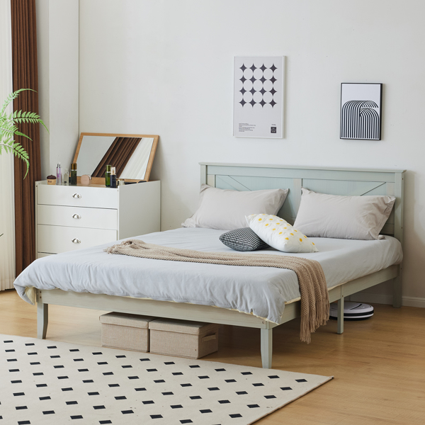 Queen Size Solid Wood Platform Bed Frame with Headboard Gray Wash