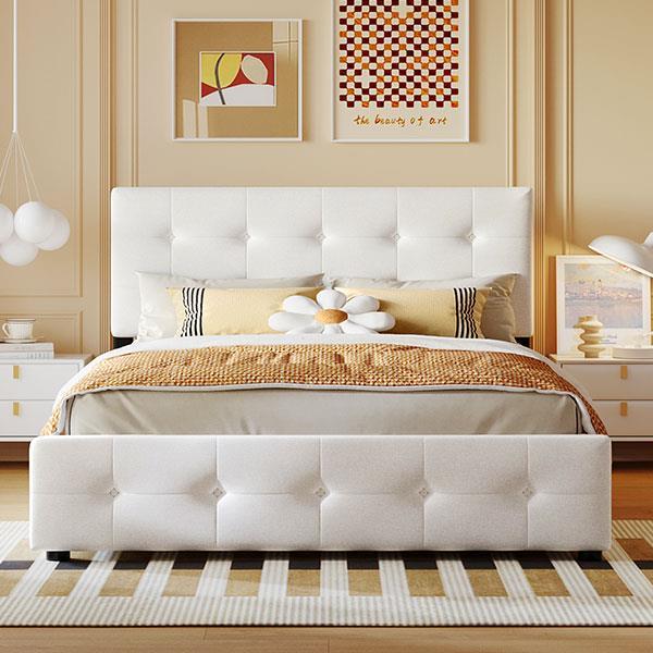 Upholstered Platform Bed with Classic Headboard and 4 Drawers, No Box Spring Needed, Linen Fabric, Queen Size White