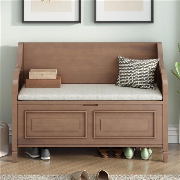 Rustic Style Solid wood Entryway Multifunctional Storage Bench with Safety Hinge (Brown+ Beige)