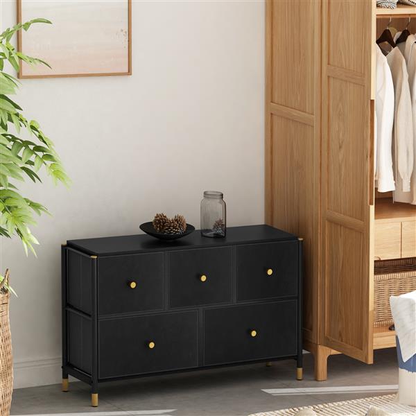 Drawer Dresser cabinet ,all Dresser with 5 PU Leather Front Drawers, Storage Tower with Fabric Bins, Double Dresser, Chest of Drawers for Closet, Living Room, Hallway, Children's Room, color:Black