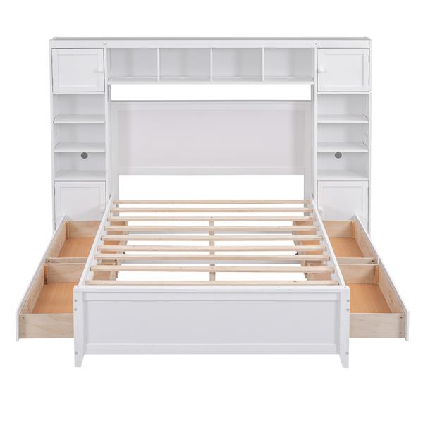 Full Size Wooden Bed With All-in-One Cabinet and Shelf, White