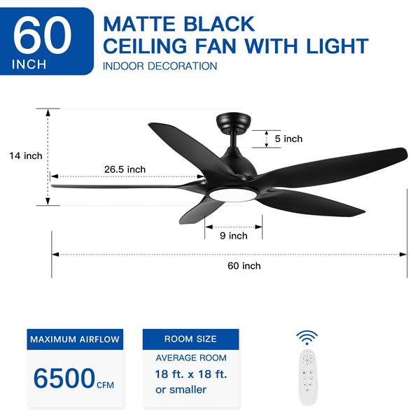 60 In Intergrated LED Ceiling Fan Lighting with Black ABS Blade