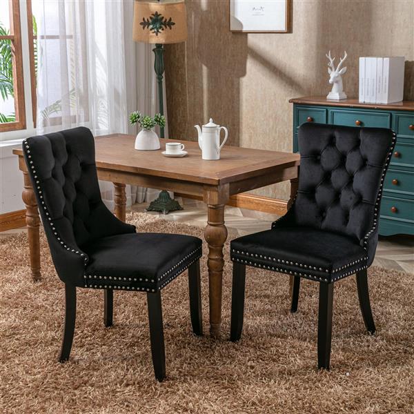 Modern, High-end Tufted Solid Wood Contemporary Velvet Upholstered Dining Chair with Wood Legs Nailhead Trim 2-Pcs Set, Black