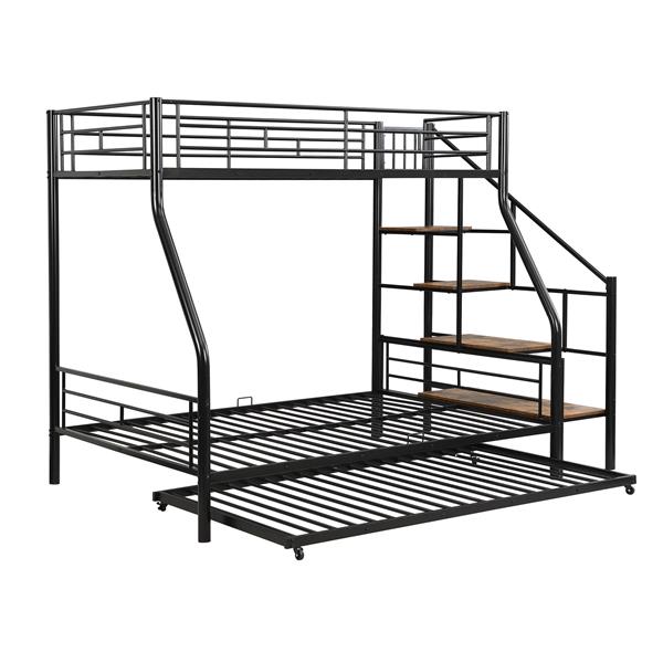 Twin over Full Size Metal Bunk Bed with Trundle and Storage Staircase, Black