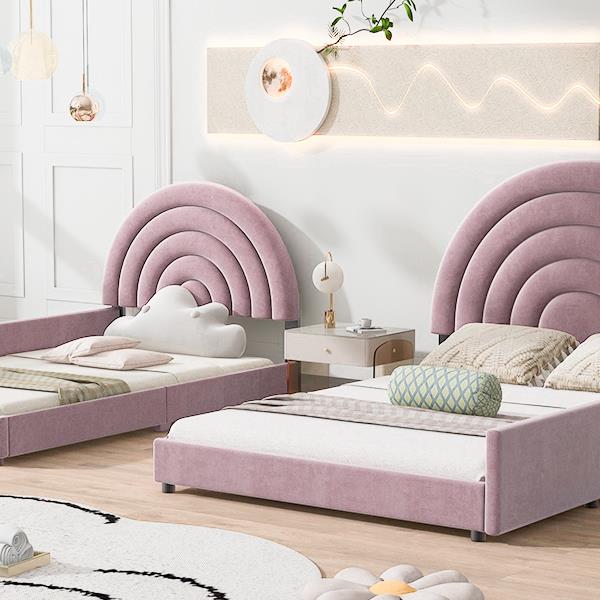 Twin+Full Upholstered Platform Bed Set with Semicircular Headboard, Pink