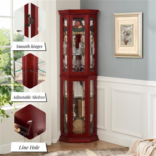 Corner Curio Cabinet Lighted Corner Display, Glass Display Shelf Shelving Bar cabinet with Tempered Glass Door, Bar Cabinet,Cabinet with Adjustable Shelf Glass Cabinet Shelves Bead Bulb Included