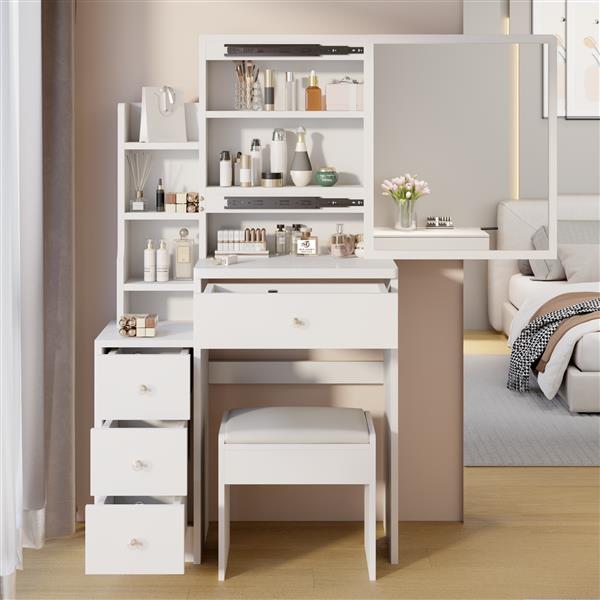 Small Space Left Bedside Cabinet Vanity Table + Cushioned Stool, Extra Large Right sliding mirror, Multi Layer High Capacity Storage, Practical Fashionable Dresser, Suitable for Girls Up To 5.6ft Tall