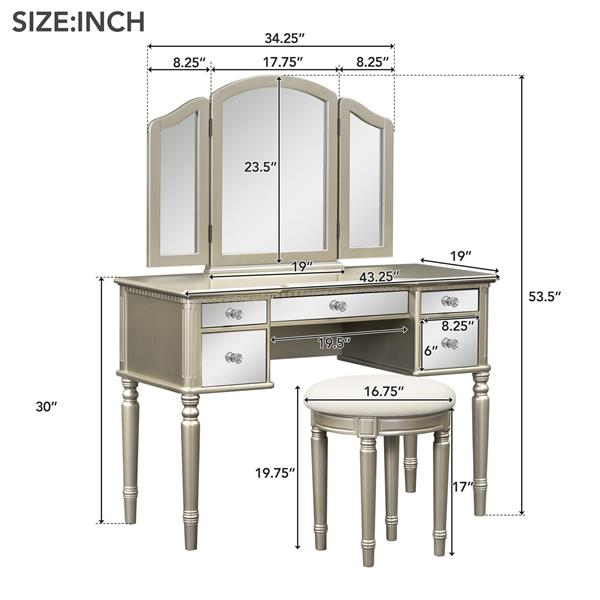 43" Dressing Table Set with Mirrored Drawers and Stool, Tri-fold Mirror, Makeup Vanity Set for Bedroom, Gold