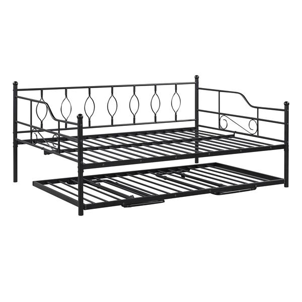 Full Size Metal Daybed with Twin Size Adjustable Trundle, Portable Folding Trundle, Black