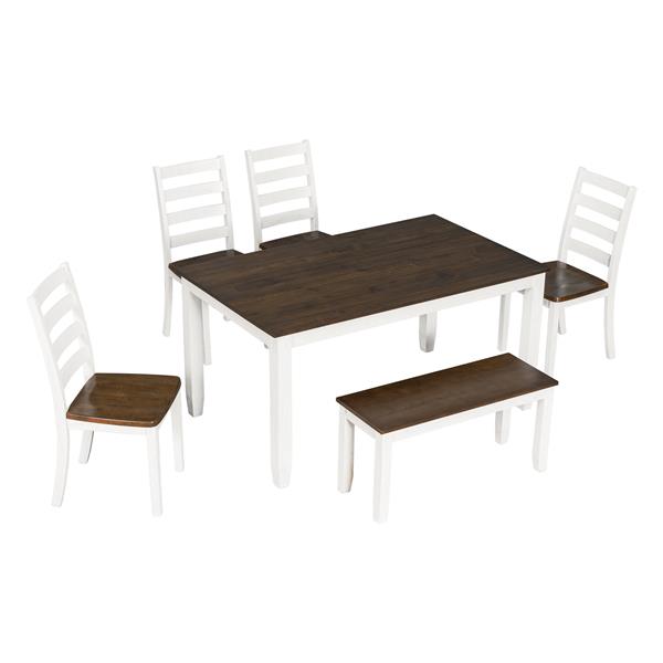 Rustic Style 6-Piece Dining Room Table Set with 4 Ernomic Designed Chairs & a Bench (Walnut + Cottage White)