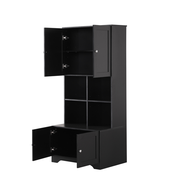 Tall and Wide Bathroom Floor Storage Cabinet, Bathroom Storage Unit, Freestanding Cabinet with 4 Doors, Adjustable Shelves, Open multi-layer Shelves, Black 