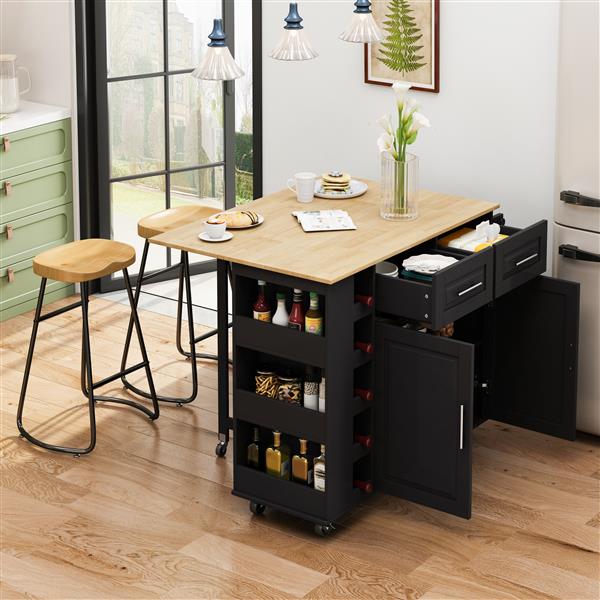 Multi-Functional Kitchen Island Cart with Stylish and Minimalist Bar Stools, Combination Set, Convenient and Practical (Black Kitchen Island + Wood Color Bar Stools)