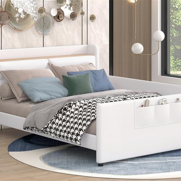 Full Size Upholstered Platform Bed with Guardrail, Storage Headboard and Footboard, Beige