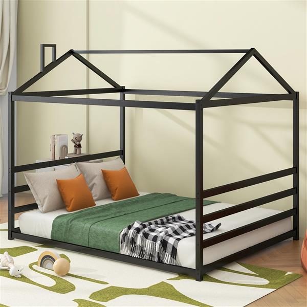 Metal House Shape Platform Bed, Black, Queen