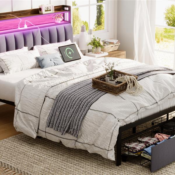 Full Bed Frames with Storage Headboard and Drawers, LED Platform Bed Frame Full Size, LED Upholstered Bed Frame  with Charging Station, No Box Spring Needed, Easy Assembly, Grey