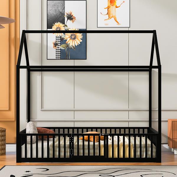 Twin Size Metal House Bed with Fence and Door, Black