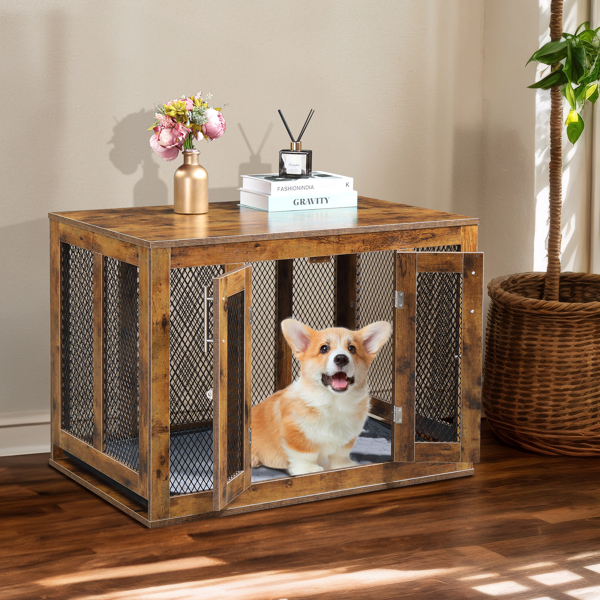 Furniture Dog Crate with Tray for Medium Dogs, Indoor Aesthetic Puppy Kennel Pet House Dog Cage with Door, Modern Decorative Wood Pretty Cute Fancy End Side Table Nightstand, Rustic Brown