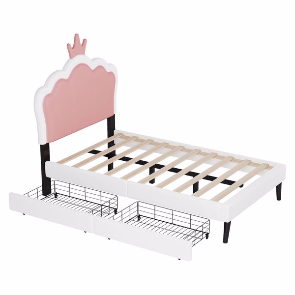 Twin Size Upholstered Princess Bed With Crown Headboard and 2 Drawers,Twin Size Platform Bed with Headboard and Footboard, Pink+White 