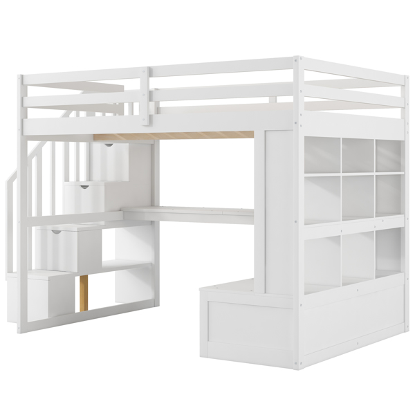 Full Size Loft Bed with Desk and Shelves, Two Built-in Drawers, Storage Staircase, White 