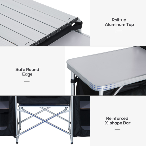 Aluminum Portable Camping Kitchen Fold-Up Cooking Table With Windscreen and 3 Enclosed Cupboards for BBQ, Party, Picnics, Backyards 