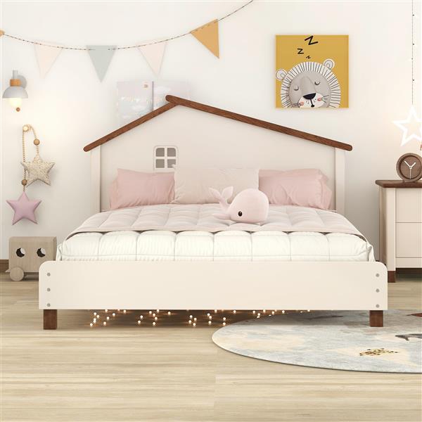 Full Size Wood Platform Bed with House-shaped Headboard  (Cream+Walnut)