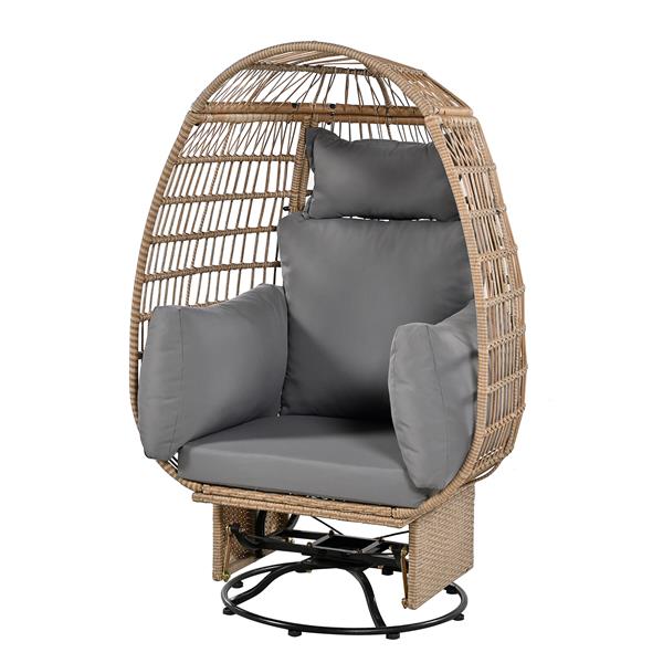 Outdoor Swivel Chair with Cushions, Rattan Egg Patio Chair with Rocking Function for Balcony, Poolside and Garden (Natural Wicker + Grey Cushion)