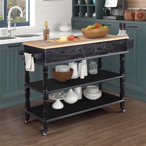 56 inch Rolling Kitchen Island with Storage,Kitchen Cart with Solid OAK Wood Top,Two-sided Kitchen island Cart on Wheels , Wine and Spice Rack, Large Kitchen Cart with 2 Drawers, Black+Natural Top