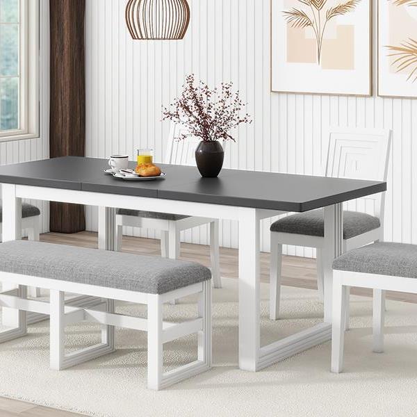 Modern 78inch 6-Piece Extendable Dining Table Set, 4 Upholstered Dining Chairs and Dining Bench, 18" Butterfly Leaf, White